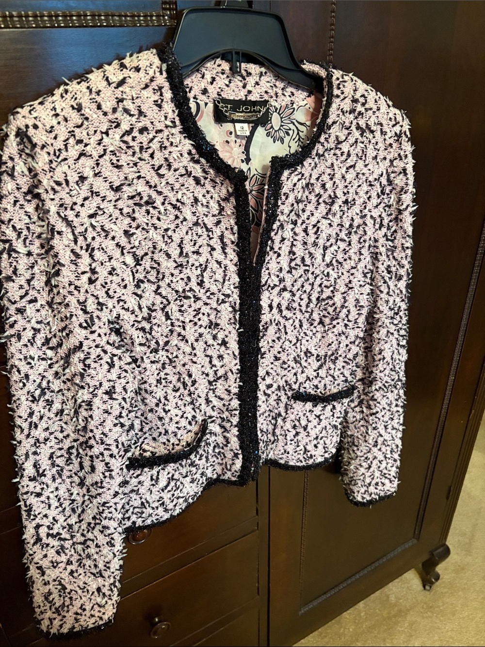 St. John Collection Pink Bouclé Jacket with Black Trim